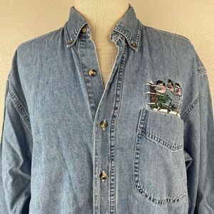 Outrageous Sports Denim Button Down Shirt Size M EUC
